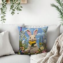 [2D Printed] 1pc 17.7"X17.7"(45x45cm) [Non-Embroidered] 2D Printed Floral & Rabbit Embroidery-Look Pattern Cushion Cover, [Single-Sided Printed] [Pillow Insert Not Included] Polyester Home Decor Backrest Pillow Cover, Sofa, Windowsill, Suitable For Daily Use, High-End Minimalist Self-Use Decoration, Living Room, Bedroom, Car Decoration