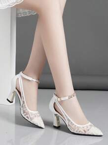 Women's Thick Heel Single Strap Pumps With Net Mesh And Rhinestone Decor, Elegant - White - View 4