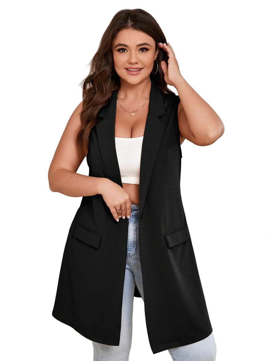 Yesfashion Women's Plus Size Sleeveless Blazer Lapel Single Button Casual Work Office Jacket Vests With Pockets