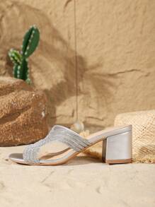 Women's Party Shoes, Wedding Shoes, Fashion Mid-Heel Sandals, Diamond Decorated Slides - Silver - View 7