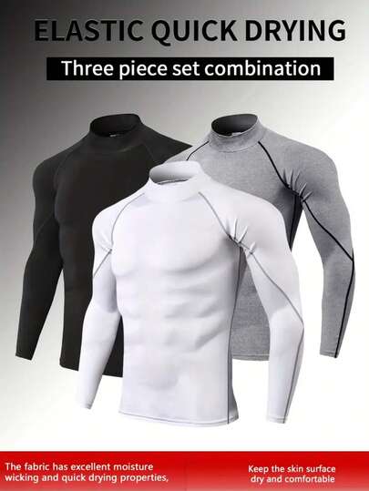 3pcs Men's Compression Long Sleeve Shirts, Suitable For Running, Casual, Sports, Stretchy Gym Long Sleeve