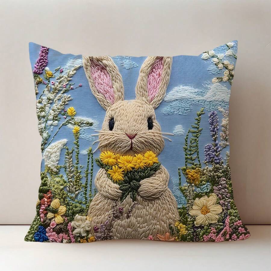 [2D Printed] 1pc 17.7"X17.7"(45x45cm) [Non-Embroidered] 2D Printed Floral & Rabbit Embroidery-Look Pattern Cushion Cover, [Single-Sided Printed] [Pillow Insert Not Included] Polyester Home Decor Backrest Pillow Cover, Sofa, Windowsill, Suitable For Daily Use, High-End Minimalist Self-Use Decoration, Living Room, Bedroom, Car Decoration
