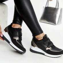 Women's Sneakers Wedge Heel Leather Sneakers - Black - View 1