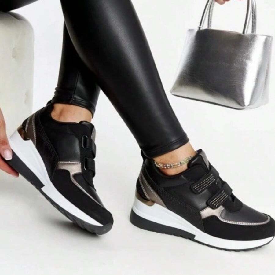Women's Sneakers Wedge Heel Leather Sneakers - Black - View 1