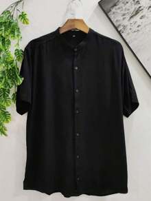 Men's Luxury Priest Collar Dress Shirt With Short Sleeve Slim Fit Linen And Viscose Premium Fabric - 黑色 - 查看 4