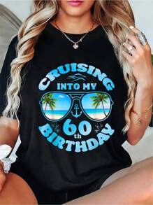 Cruising Into My 60th Birthday-Matching 60th Birthday Cruise T-Shirt - 100% Cotton Women's Casual Short Sleeve Crew Neck T-Shirt For Spring & Summer - Comfortable, Relaxed Fit, Printed Graphic Tee For  Sport Lovers