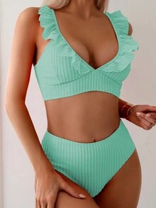 Conjunto de bikini de verano con rayas, volantes y cintura alta - verde menta - Ver 4
