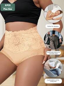 6pcs Plus Size Women's High Waist Lace Patchwork Cotton Briefs, Jacquard Pattern - Multicolor - View 4