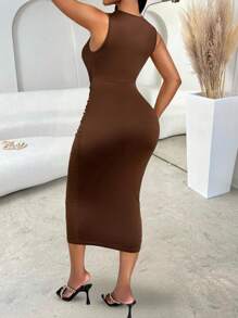 abyoxi Solid Color Sexy Front Hollowed Twist Pleated Slim Fit Midi Bodycon Dress Casual Commute Fashionable Hot Girl Style Homecoming Spring And Summer New Women's Clothing