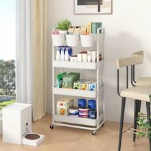 4-Tier Plastic Rolling Storage Cart Utility Cart With Extra Hanging Cups Handles Lockable Wheels For Living Room Bathroom Kitchen Office White