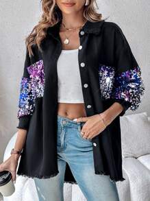 ChicMe Chaqueta de manga larga con bloqueo de color, parches de lentejuelas, cierre con botones y dobladillo con flecos - Azul - Ver 6