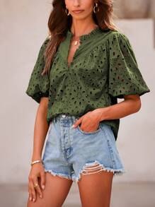 Women's Summer Top Fashion Casual Lantern Short Sleeve V-Neck Button Hollow-Out Lace Embroidery Shirt - 軍綠色 - 查看 4