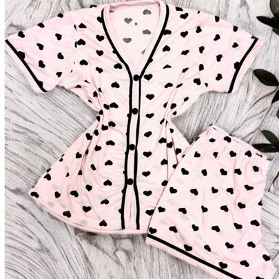 Pijama Americano Adulto Feminino Blogueira Conjunto Camisa e short Verão Gestante Amamentação com abertura frontal de botões Premium