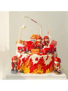 1pc Firefighter Cake Decoration Ornament Fire Extinguisher Water Gun Fire Truck Aerial Rescue Vehicle Baking Birthday Ornament Cake Decoration Inserts
