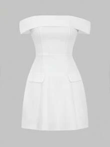 Women's Clothing Temperament Elegant Style Waist Cinched One Shoulder Solid Color Knitted Mini Dress Wedding Banquet Women's Sexy White Evening Dress Chic Wedding White Dresses - White - View 3