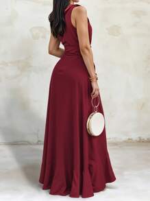 Women's Elegant Off Shoulder Deep V Neck Ruffle Leg Slit Maxi Dress - Red - View 4