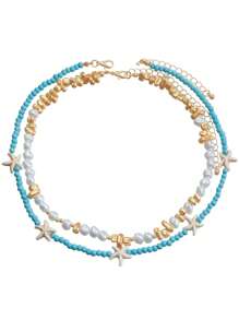 2 件波西米亚风绿松石和贝壳吊坠项链套装，双层串珠锁骨链，适合海滩、派对和日常佩戴，完美的礼物选择