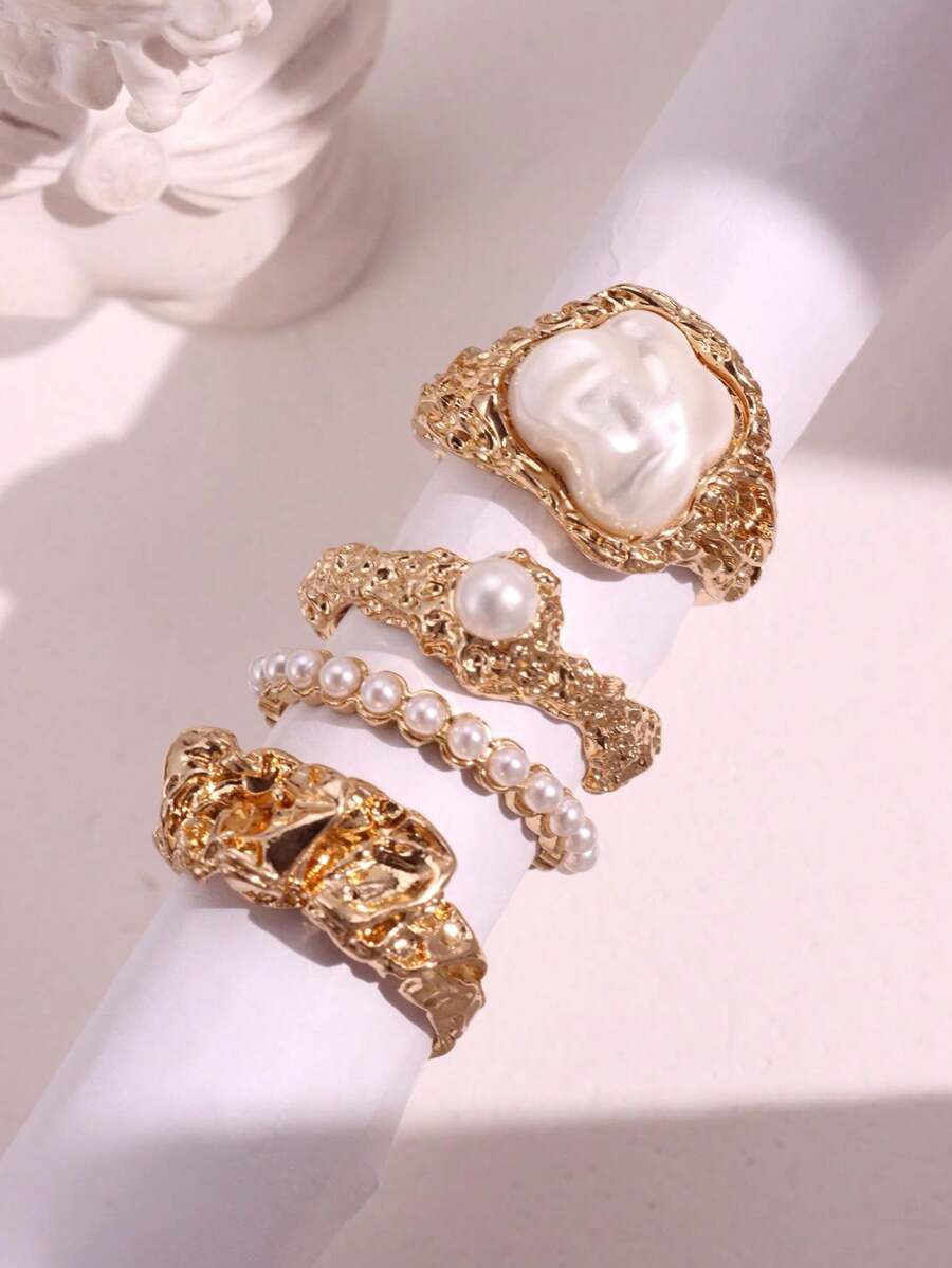 4 件套时尚复古金属几何珍珠戒指套装，适合女士、日常佩戴和节日礼物 - 彩色 - 查看 1