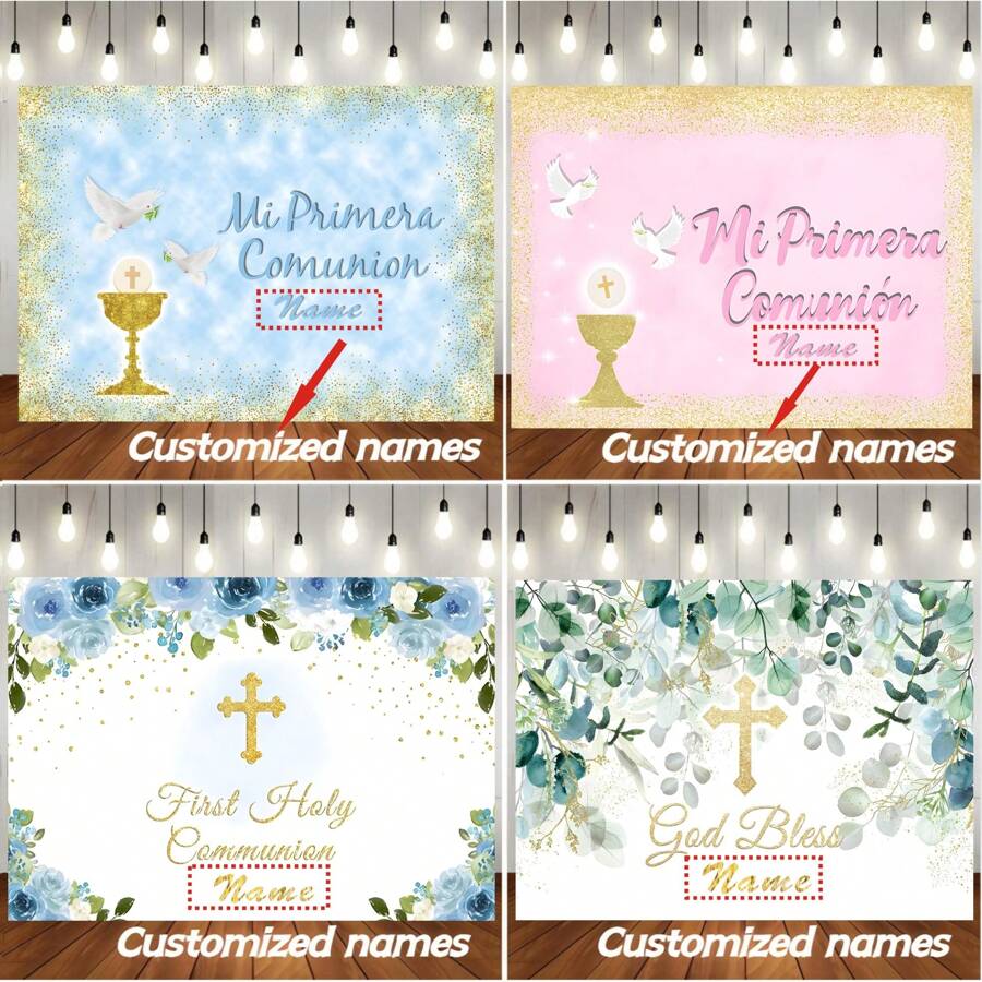 自定义名称自定义洗礼背景横幅金色圣杯天使十字架绿叶设计适用于洗礼派对、保佑上帝、我的第一个、家庭聚会背景装饰横幅、派对用品、肖像摄影背景道具乙烯基个性化 - 彩色 - 查看 1