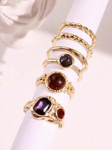 Set de 6 piezas de anillos geométricos de tamaño grande con gemas coloridas, elegantes y lujosos para mujeres