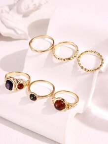 Set de 6 piezas de anillos geométricos de tamaño grande con gemas coloridas, elegantes y lujosos para mujeres