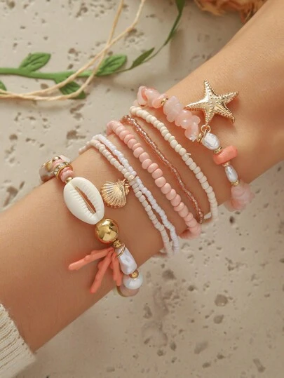 1套手工串珠手链套装，波西米亚风格，天然石，海洋主题海星贝壳珊瑚流苏吊坠，多层堆叠，适合女性日常和度假佩戴，粉色，情人节礼物（珠子款式随机搭配）