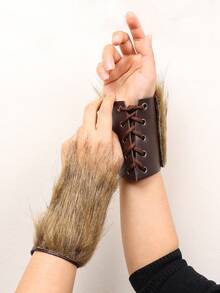 1 对中世纪 PU 皮革护甲臂套毛皮装饰护腕系带护臂维京骑士手套腕带角色扮演道具 - 棕色 - 查看 2