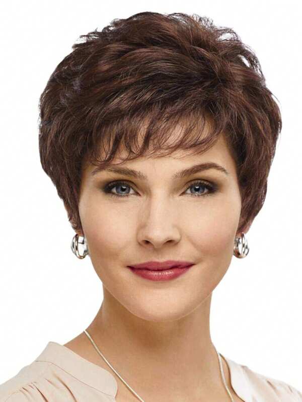 Peluca corta rizada de fibra sintética color marrón oscuro de 10 pulgadas, cabello natural y esponjoso con flequillo lateral, adecuada para uso diario, bodas, cumpleaños, fiestas de disfraces y festivales