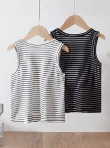 2pcs/Set Young Boy Sleeveless Undershirt Tops, Lightweight Summer Outdoor Sports Running Top, Size 4-12 Years Old