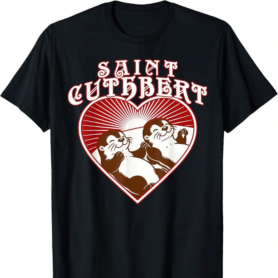 St Cuthbert Catholic Saint Scotland Otters Holding Hands T-Shirt - Black - View 1