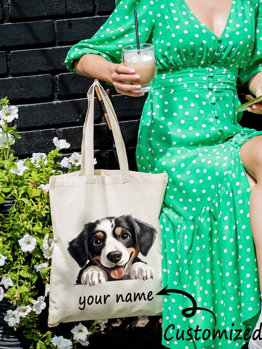 1pc Customized Print Tote Bag, Customized Dog Print Tote Bag, Large Capacity Handbag With Fun Print, Perfect For Picnic, Party, Shopping, And Traveling - Spring Gift Idea