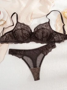 1 set de lingerie sexy et confortable en dentelle de couleur unie pour femmes