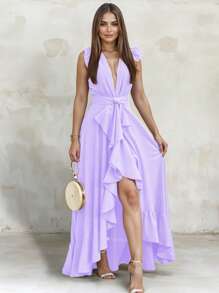 Women's Elegant Off Shoulder Deep V Neck Ruffle Leg Slit Maxi Dress - Lilac Purple - View 3