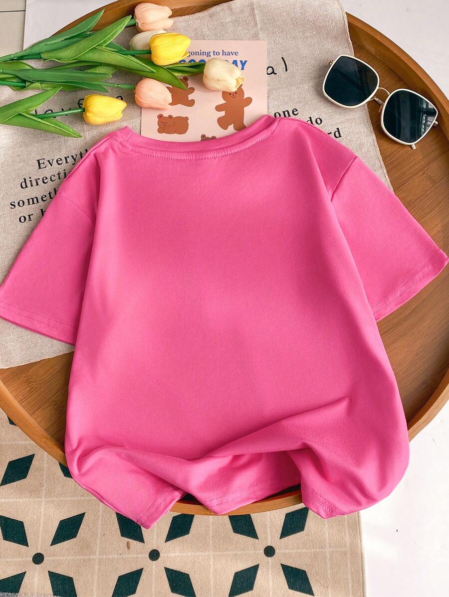 Young Girl's Cartoon Print Round Neck Short Sleeve Tee Spring And Summer Casual T Shirt For Young Girl - Hot Pink - View 1