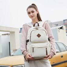 3pcs With Lunch Bag Pen Bag Women's Backpack 15.6-Inch Laptop Backpack Waterproof Men's Travel Backpack Cute Backpack, Solid Color Design Black Backpack - 米色 - 查看 2