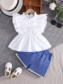 2pcs/Set Girls Fashion Elegant Ruffle Sleeve Round Neck Top And Floral Decorated Denim Effect Shorts Vacation Summer Set