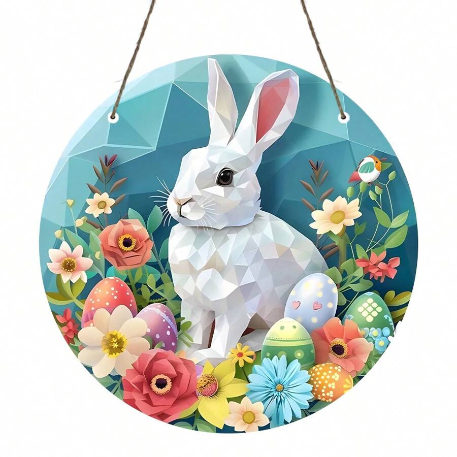 1 件复活节兔子亚克力墙标 - 圆形门挂饰，带有花朵和鸡蛋设计 - 户外复活节花环装饰、最佳复活节礼物、复活节饰品、节日装饰品 - 亞克力-圓 - 查看 1