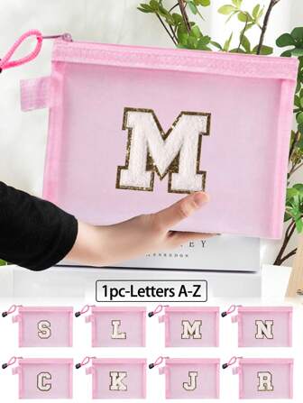 粉色网袋，大容量白色姓名首字母，毛巾刺绣字母A-Z，透明网眼化妆品收纳袋，多功能旅行便携包，口红护肤品收纳洗漱化妆包适用于宿舍收纳、旅行、商务旅行、游泳、居家收纳学校用品旅行必需品化妆包节日必备化妆包化妆包小袋化妆品收纳袋节日冬季豹纹腊肠犬女士礼物