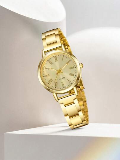 Goud Alloy Strap Roman Alphabet Scale Dial Quartz Horloge LOVE Bracelet Set Wear Or Holiday view 3