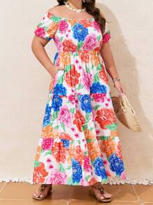 Plus Size Off Shoulder Short Sleeve Floral Print Layered Vacation Dress