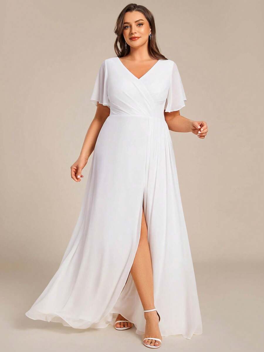 EVERPRETTY Plus Chiffon Ruched Bust Thigh Slit Spring Party Dress Wedding Dress For Bride Bridal Shower Dress Little White Dress Engagement Party Dresses
