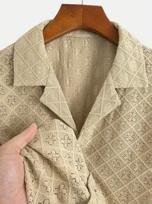 男士时尚经典几何镂空纹理领扣设计休闲衬衫，适合日常、通勤、街头装、夏季新品 - 卡其色 - 查看 4