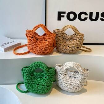 1pc Plain Color Knitted Shopper Tote Bag, Mini Beach Bag, Casual Summer Style, Fishnet Design Shoulder Crossbody Bag