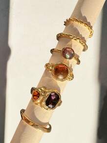 Set de 6 piezas de anillos geométricos de tamaño grande con gemas coloridas, elegantes y lujosos para mujeres