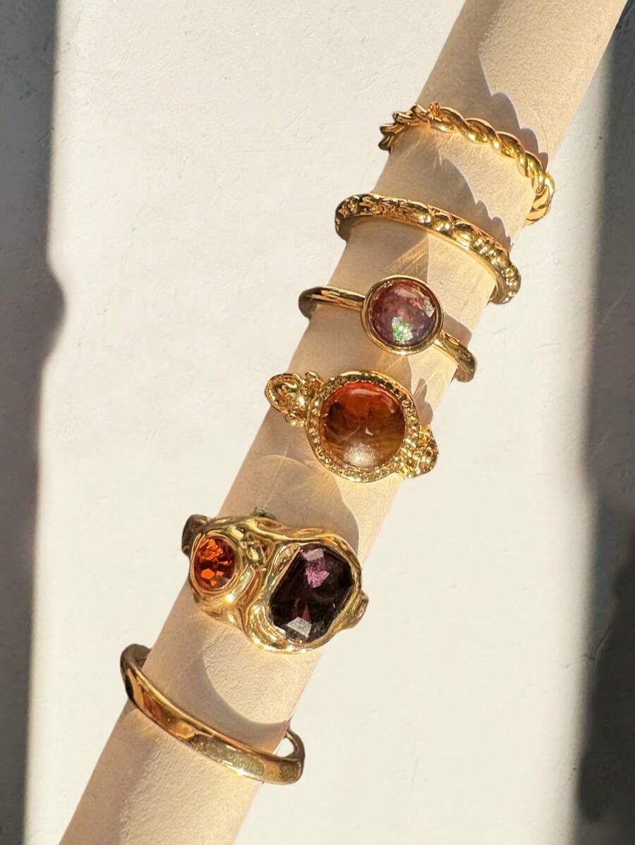 Set de 6 piezas de anillos geométricos de tamaño grande con gemas coloridas, elegantes y lujosos para mujeres
