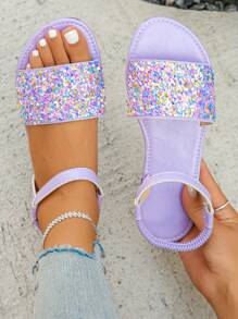 European & American Fashion Versatile Silver Color Rhinestone Decorated Strap Ankle Strap Women Flat Sandals, Casual Slip-On Comfortable Lightweight Summer