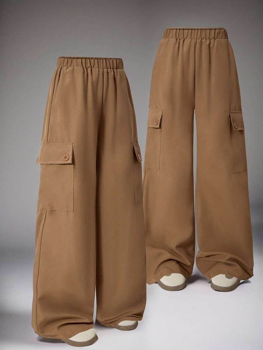 时尚休闲棕色宽松简约街头工作裤，直筒裤，适合青少年女孩，多口袋设计，适合春秋童装、日常穿着、户外、派对和校园穿着 - 棕色 - 查看 1