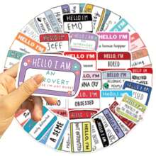 50PCS Hello I Am Stickers Vinyl Aesthetics Stickers Scrapbooking, Diary, Bumper, Skateboard, Water Bottle, Cartoon, Hard Hat, Car Stickers And Decals