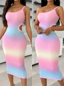 ChicMe Vestido ajustado de un hombro con efecto degradado y recorte, vestido ajustado acanalado con efecto tie-dye para mujer, para fiesta, club, noche, cóctel y citas - Multicolor - Ver 4