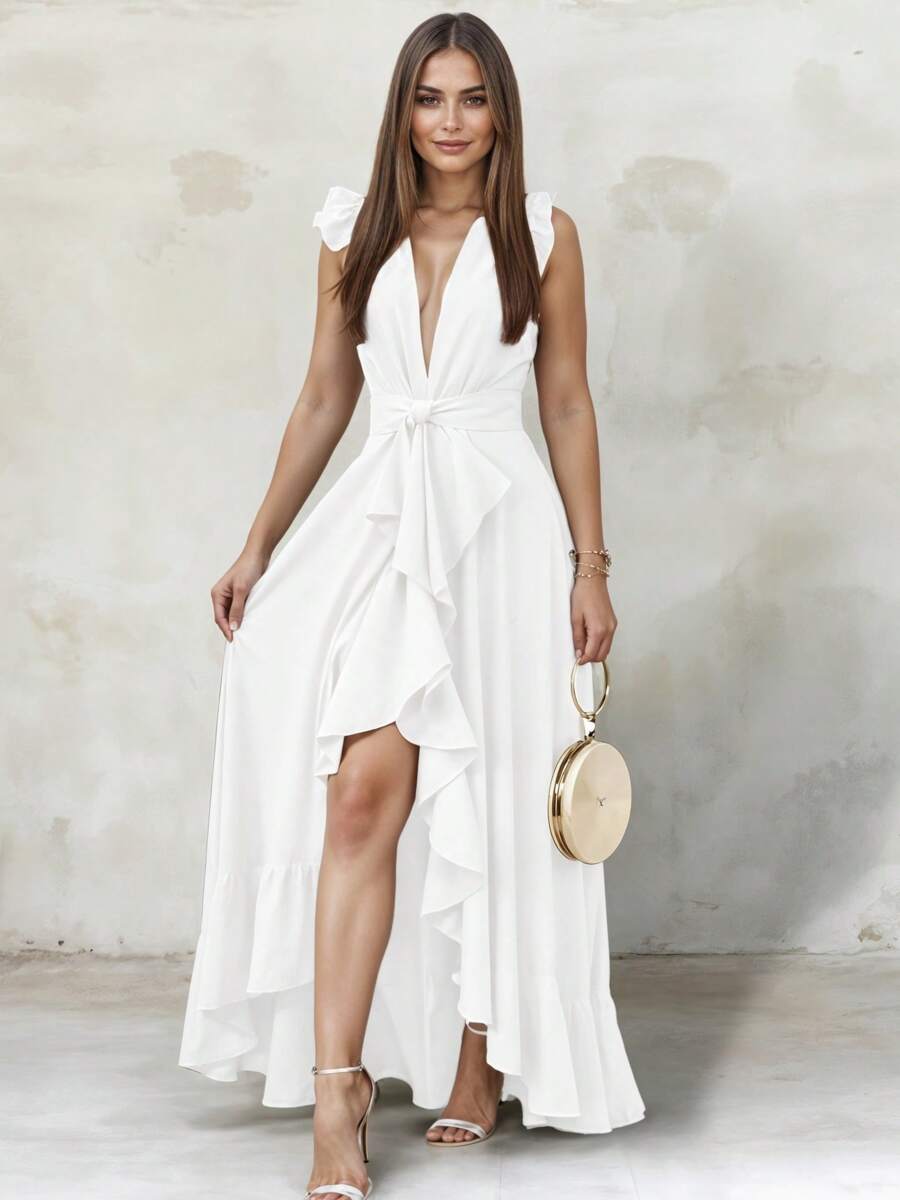 Maxi Vestido Elegante con Hombros Descubiertos y Escote Profundo en V con Volantes y Abertura en Pierna para Mujer - Blanco - Ver 1